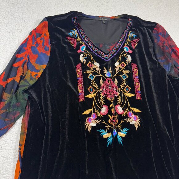 Calessa Womens Black Velvet Embroidered Tunic Top Size 2X Whimsigoth Fairy Boho - Picture 3 of 6